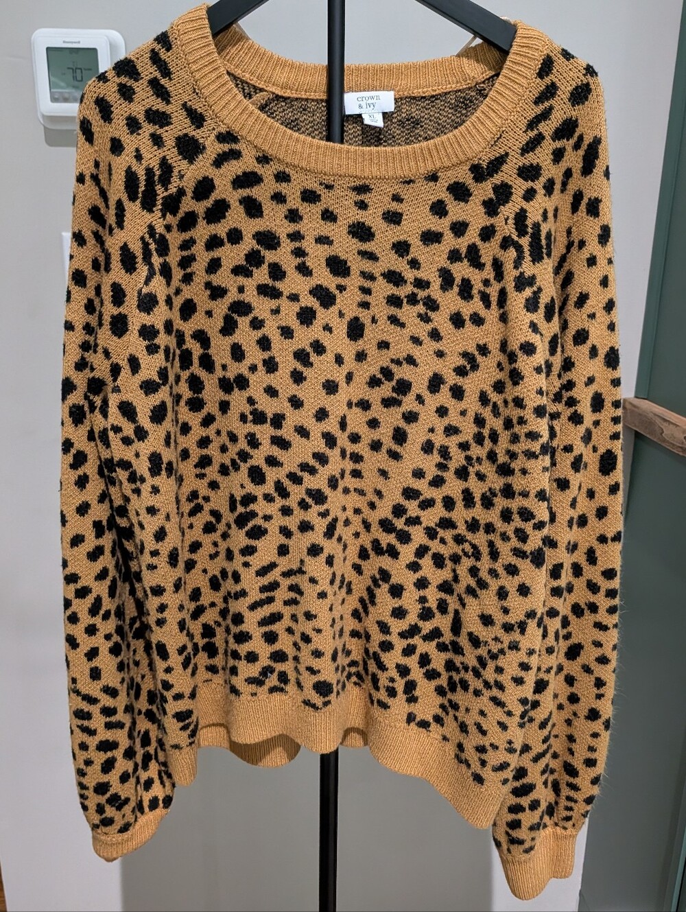 crown & ivy Mustard and Black Cheetah Print Knit Pullover